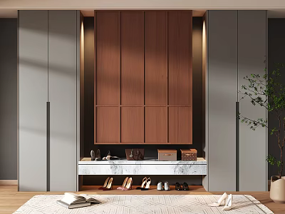 Modern Wooden Shoe Cabinet With Gray Cabinets And Marble Countertop For Shoes And Decor Items 3d model