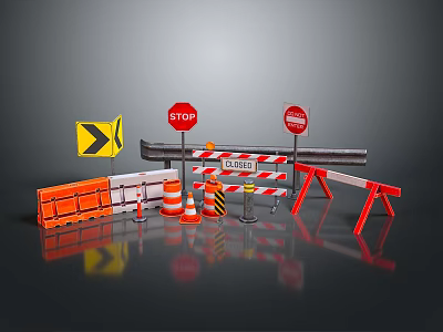 Road Construction Safety Equipment With Stop Signs Arrow Sign Barriers Cones Road Closed Sign 3d model