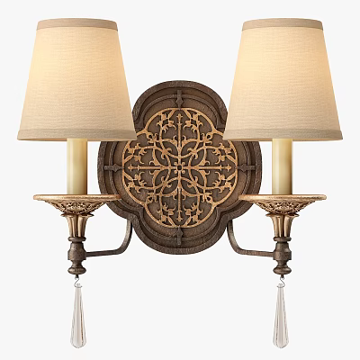 Vintage Wall Sconce With Two Beige Lampshades Intricate Carved Circular Design and Ornate Metal Brackets 3d model