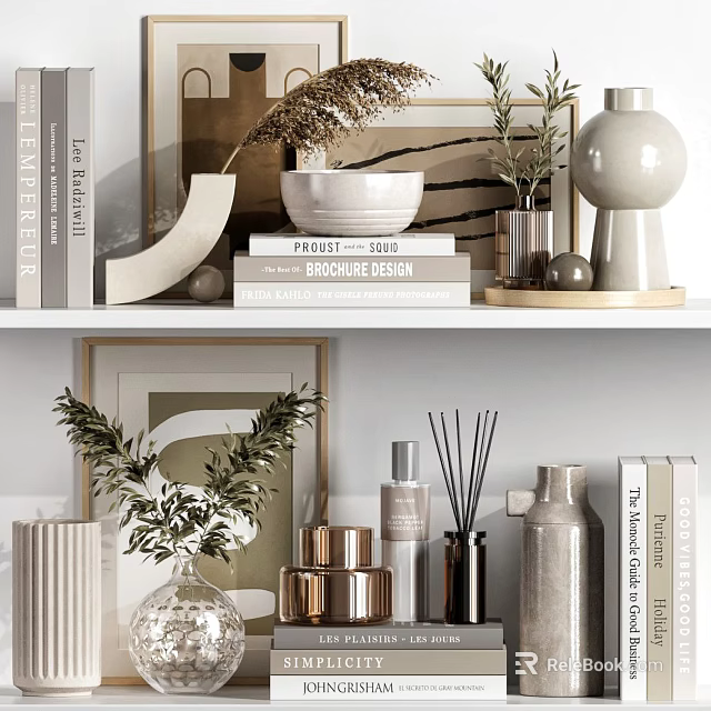 Modern Minimalist Decorative Ornaments Set With Ceramic Vases Metal Diffusers Glass Bowls And Potted Plants 3d model 
