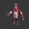 Animated Game Movie Character in Red Shirt Blue Apron with Bloodstains Holding Palette and Ham