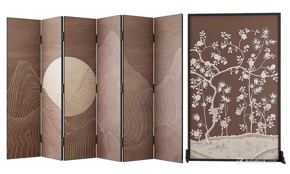 Chinese Artistic Screen With Landscape Full Moon And Floral Patterns 3d model