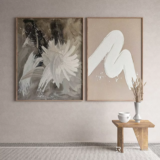 Abstract Wall Art Paintings With Wooden Table Vase And Dried Plants 3d model 