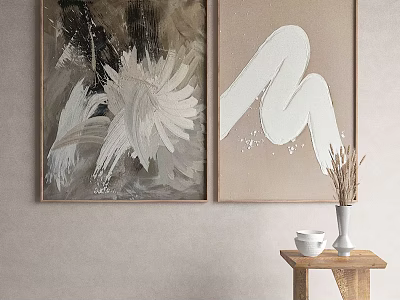 Abstract Wall Art Paintings With Wooden Table Vase And Dried Plants 3d model