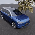 Modern Blue SUV With Sleek Design Front Headlights And Silver Wheels Parked By Tree