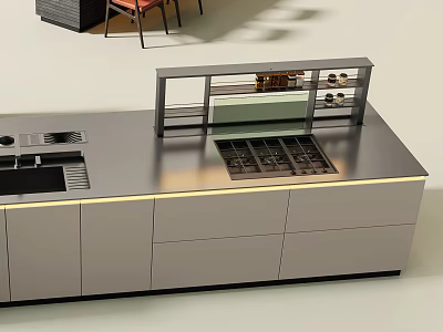 Sleek Modern Kitchen Interior Design With Gray Cabinets And Smooth Metal Countertop 3d model