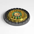 Precision Mechanical Device Circular Component With Gold Black Green Rings And Intricate Structure