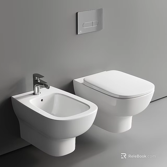 Modern Wall Mounted White Toilet With Bidet And Chrome Faucet In Bathroom 3d model 
