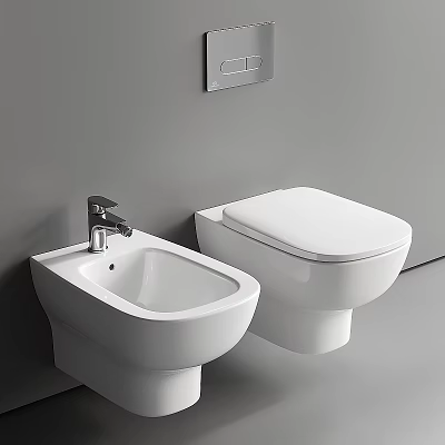Modern Wall Mounted White Toilet With Bidet And Chrome Faucet In Bathroom 3d model