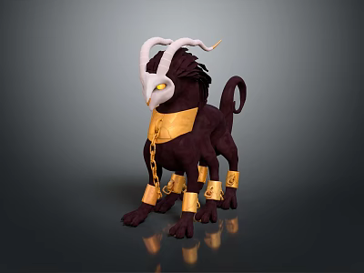 Fantasy Mythical Creature with White Horns Yellow Eyes Dark Body and Golden Collar Anklets Design 3d model