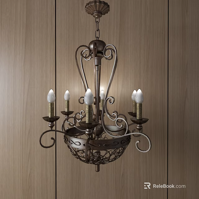 Vintage Metal Chandelier With Candle Shaped Bulbs And Intricate Scrollwork On Wooden Wall 3d model 
