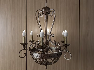 Vintage Metal Chandelier With Candle Shaped Bulbs And Intricate Scrollwork On Wooden Wall 3d model