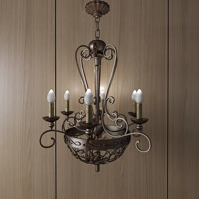 Vintage Metal Chandelier With Candle Shaped Bulbs And Intricate Scrollwork On Wooden Wall 3d model