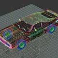Classic Dark Blue Muscle Car With Gray Roof And Purple Rims On Gravel Surface