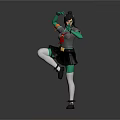 Game Movie Character In Dynamic Pose With Green Sleeves Gray Top Red Scarf And Black Skirt