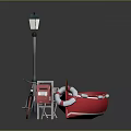 Vintage Street Lamp Bicycle Red Boat And White Lifebuoy In Outdoor Scene