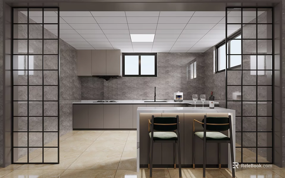 Modern Kitchen Interior Design With Gray Cabinets Island Counter Bar Stools And Windows 3d model 