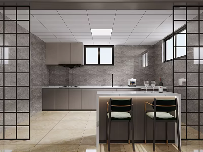 Modern Kitchen Interior Design With Gray Cabinets Island Counter Bar Stools And Windows 3d model