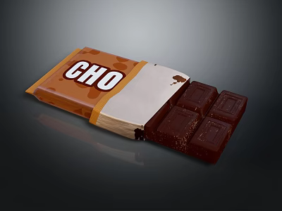 Open Chocolate Bar Package With Orange White Wrapper And CHO Label Dark Pieces 3d model