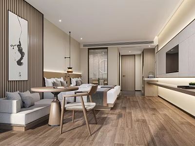 Serene Hotel Guest Room With Wooden Flooring Sofa Area And Modern Decor 3d model