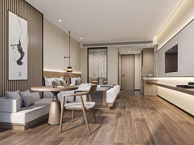 Serene Hotel Guest Room With Wooden Flooring Sofa Area And Modern Decor 3d model