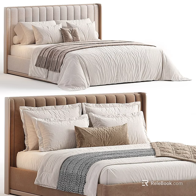 Double Bed with Tufted Headboard Plush Pillows and Cozy Blankets in Modern Neutral Style 3d model 