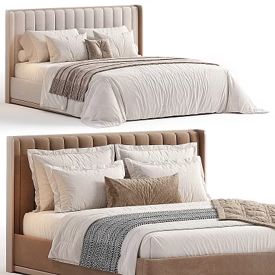 Double Bed with Tufted Headboard Plush Pillows and Cozy Blankets in Modern Neutral Style 3d model