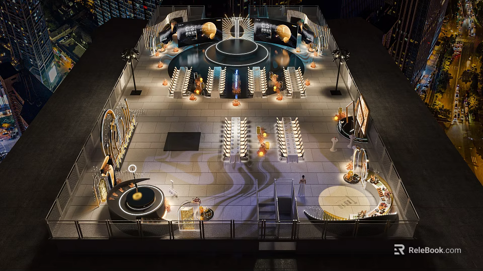 Night View Urban Plaza With Circular Fountain Seating Areas And Lighting Installations 3d model 