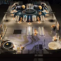 Night View Urban Plaza With Circular Fountain Seating Areas And Lighting Installations