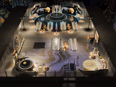 Night View Urban Plaza With Circular Fountain Seating Areas And Lighting Installations 3d model