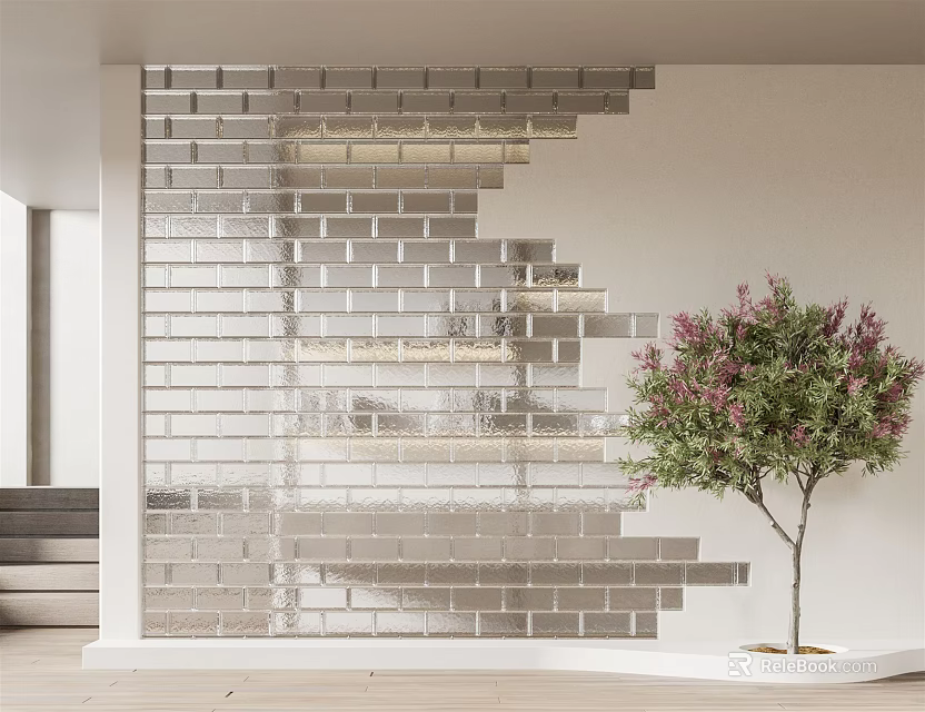 Glass Brick Wall With Layered Design Light Shadow In Modern Interior And Decorative Tree 3d model 