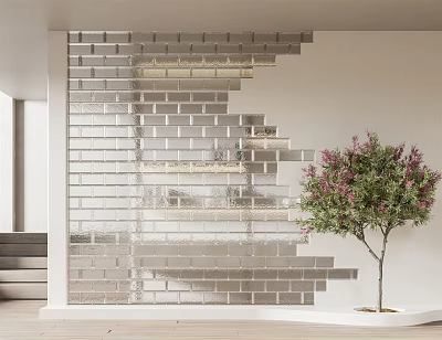 Glass Brick Wall With Layered Design Light Shadow In Modern Interior And Decorative Tree 3d model