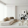 Minimalist Living Room Interior With Beige Sofa Marble Fireplace Coffee Table And Rug