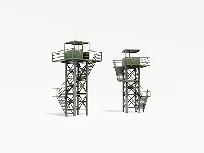 Two Green Metal Watchtowers With Staircases And Observation Platforms 3d model