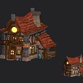 Cartoon Fairy Tale Style Wooden Houses With Red Roofs Chimney Barrels And Kettle
