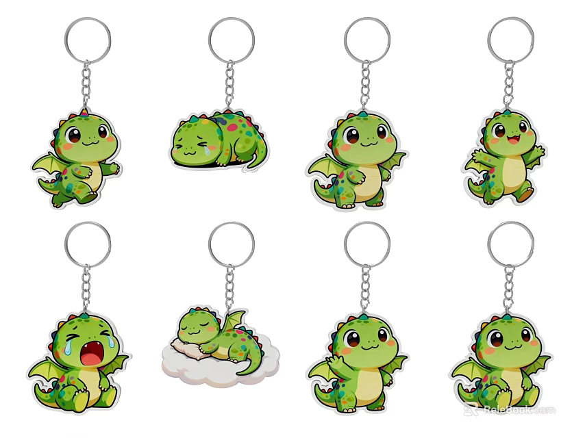 Cute Green Dinosaur Keychains with Various Poses Expressions and Cloud Design 3d model