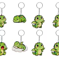 Cute Green Dinosaur Keychains with Various Poses Expressions and Cloud Design 3d model