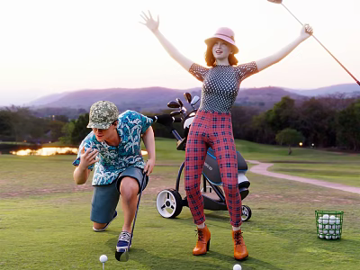 Outdoor Golf Sports Equipment Including Clubs Bag Cart And Balls On Grass Field With Mountains 3d model