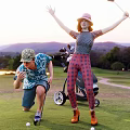 Outdoor Golf Sports Equipment Including Clubs Bag Cart And Balls On Grass Field With Mountains