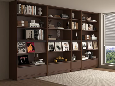 Stylish Wooden Bookcase In Living Room With Books Photos Sculptures And Drawers 3d model