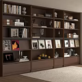 Stylish Wooden Bookcase In Living Room With Books Photos Sculptures And Drawers