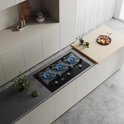 Modern Kitchen Interior Design With Gas Hob Appliance And Island Countertop Cabinets 3d model