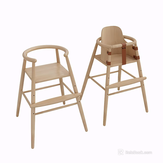 Natural Wooden Children's Chairs with Armrests Safety Straps and Simple Design 3d model 