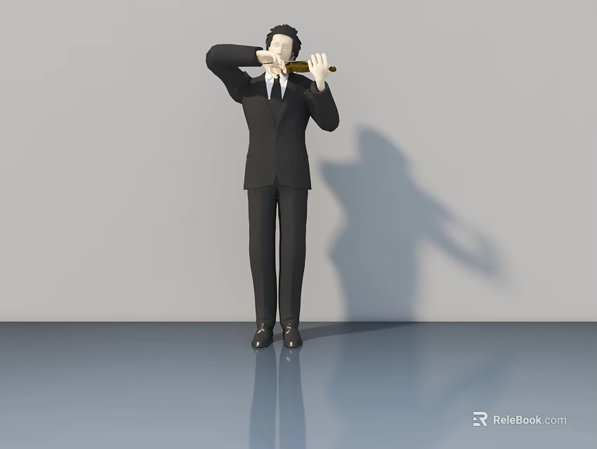 Man in Black Suit Standing and Holding Telescope Against Gray Background with Shadow on Wall 3d model 