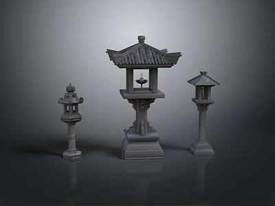 Traditional Architectural Stone Lanterns Three Different Sizes With Classic Roof Design For Garden Decor 3d model
