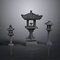 Traditional Architectural Stone Lanterns Three Different Sizes With Classic Roof Design For Garden Decor
