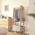 Wooden Storage Cabinet With Hanging Clothes Hat Brown Bag And Storage Basket