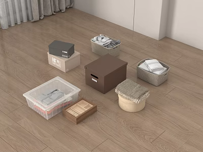 Assorted Storage Baskets And Bins In Various Materials For Home Organization On Wooden Floor 3d model