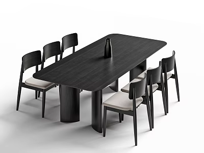 Modern Rectangular Black Dining Table With Six Black Chairs And Light Colored Seat Cushions 3d model
