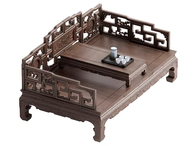 Traditional Chinese Wooden Dining Set With Carved Patterns Tea Table Bench And Tea Set 3d model